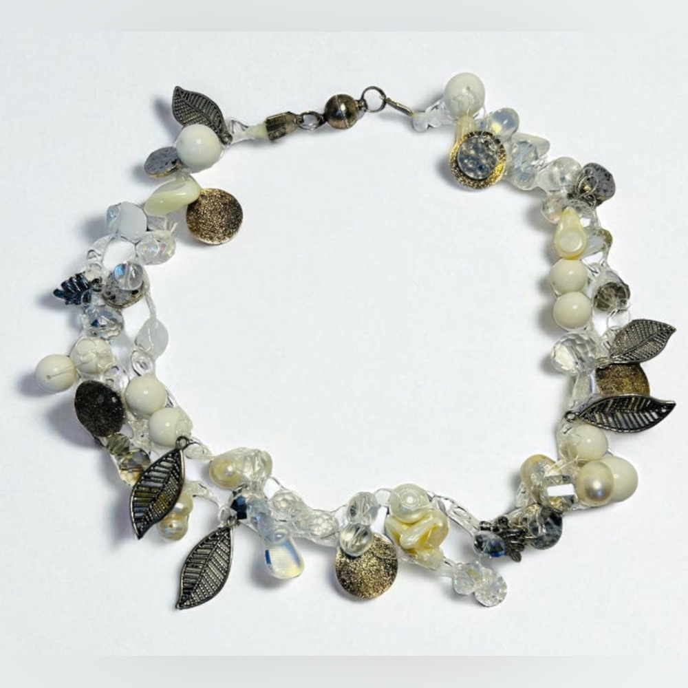 Beaded Statement Necklace – 18” Handmade with Shell, Glass & Faux Pearls